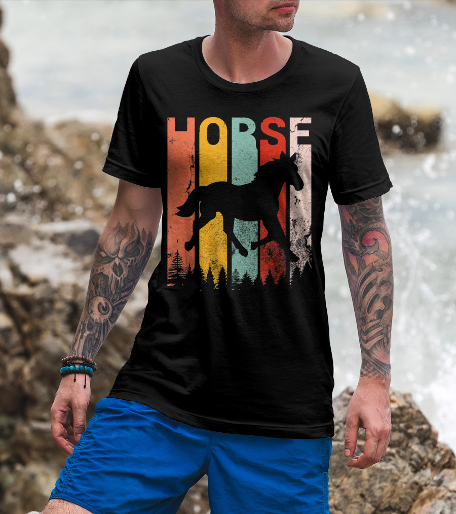 Vintage Style Horse Lover Silhouette With Colorful Stripes And Forest T-Shirt