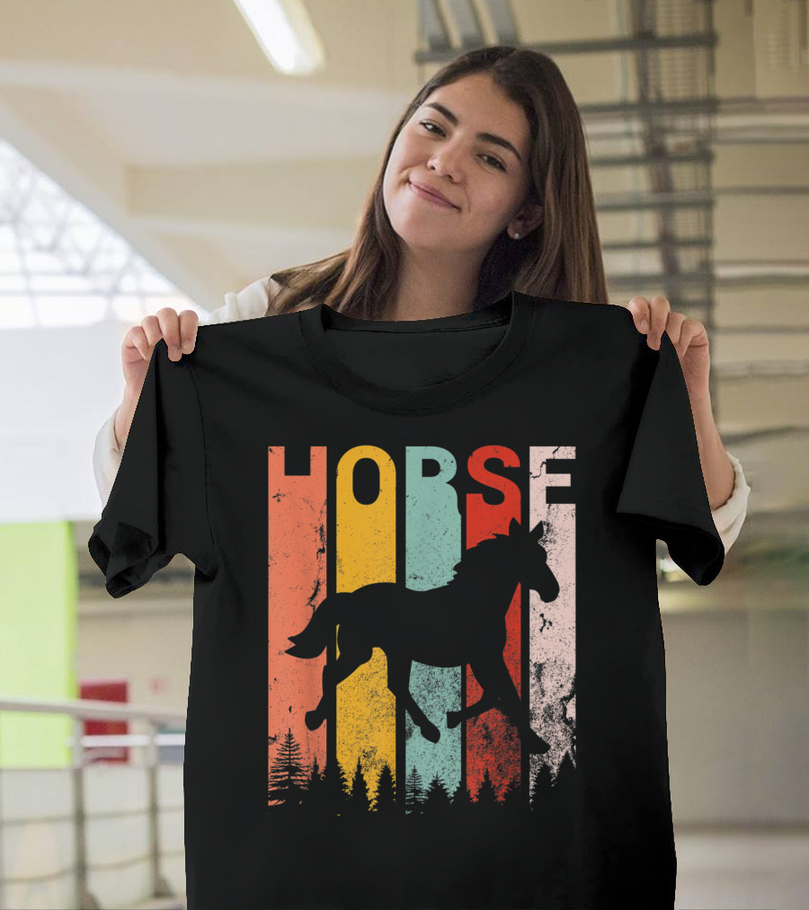 Vintage Style Horse Lover Silhouette With Colorful Stripes And Forest T-Shirt