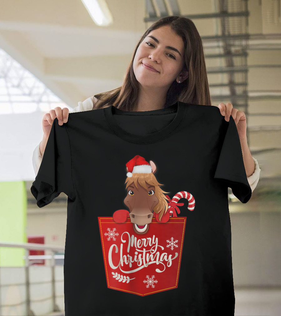 Merry Christmas Santa Hat Horse Candy Cane Funny Pocket T-Shirt