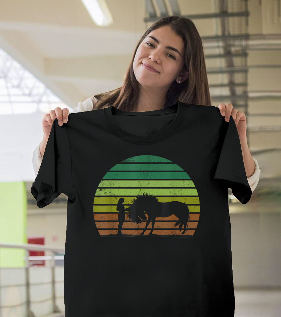 Girl And Horse Silhouette Sunset Stripes T-Shirt