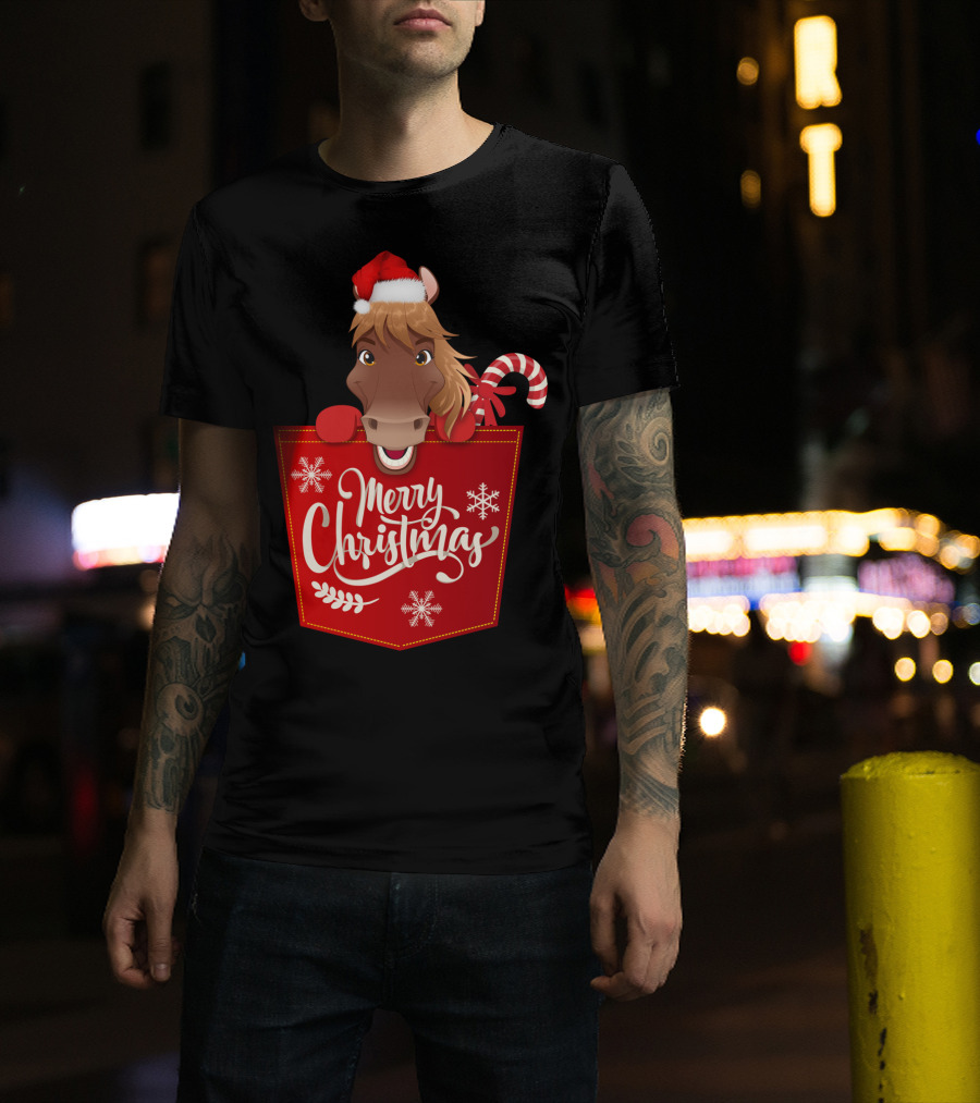 Funny Horse In Santa Hat With Candy Cane Merry Christmas Crewneck T-Shirt