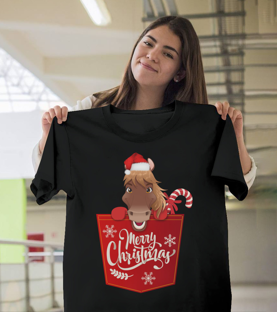Funny Horse In Santa Hat With Candy Cane Merry Christmas Crewneck T-Shirt