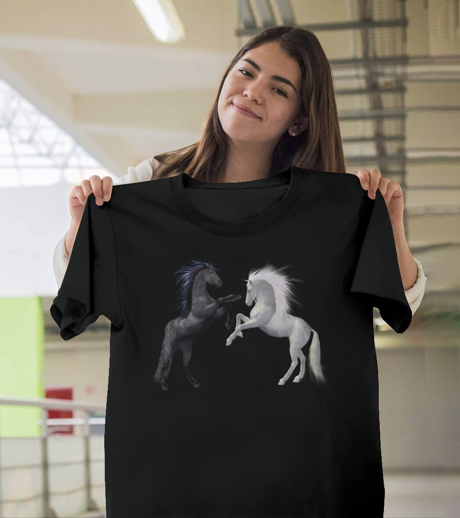 Girl's Horse Play Horseback Riding Esquireian Black Stallion White Mare T-Shirt