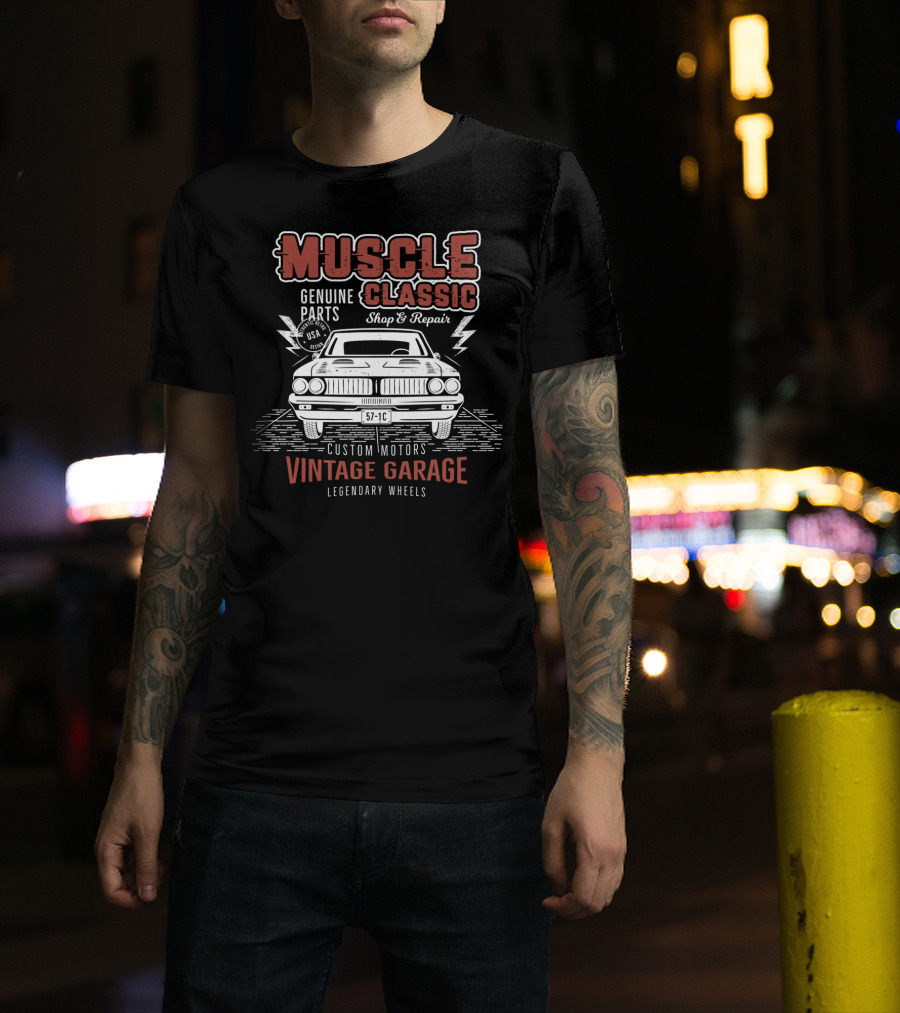 Muscle Classic Genuine Parts Vintage Garage Legendary Wheels Custom Motors Shop Repair T-Shirt