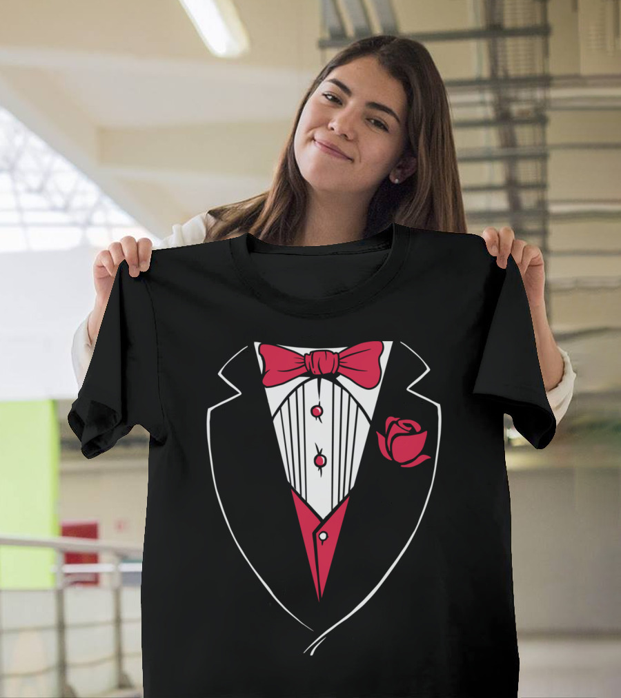 Classic Tuxedo Rose Bowtie Wedding Party Bachelor Costume T-Shirt