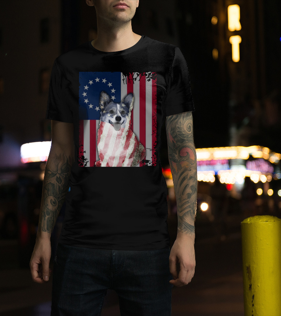 Corgi Betsy Ross US American Flag Costume With Stars And Stripes Background T-Shirt