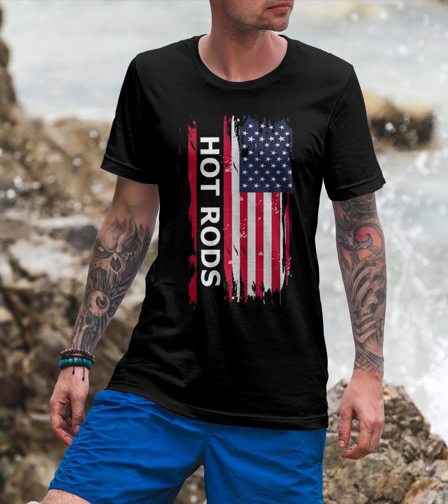 HOT RODS American Flag Classic Muscle Cars T-Shirt