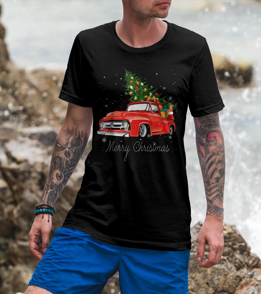 Merry Christmas Red Truck With Christmas Tree And Gifts In Snow T-Shirt