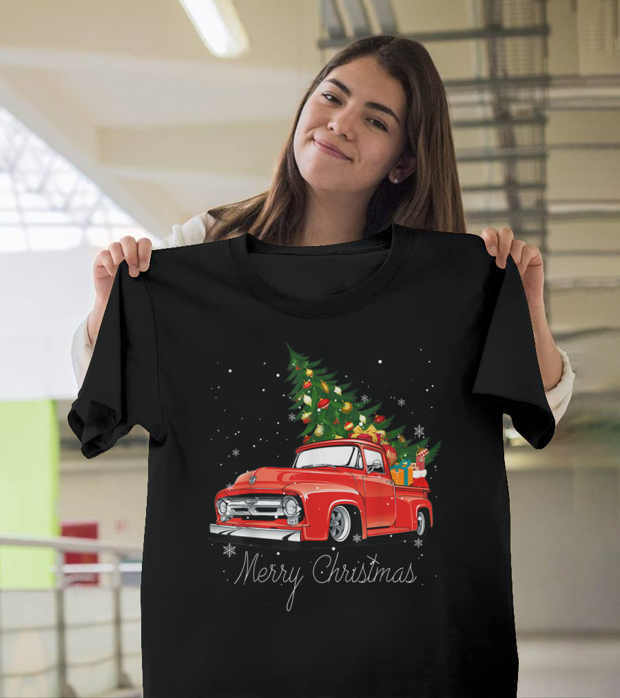 Merry Christmas Red Truck With Christmas Tree And Gifts In Snow T-Shirt