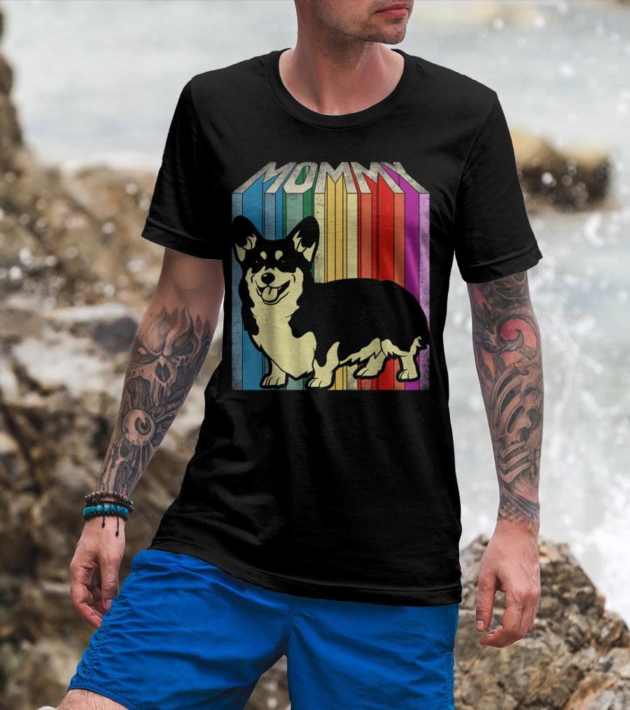 MOMMY Corgi Dog Vintage Rainbow Stripes T-Shirt