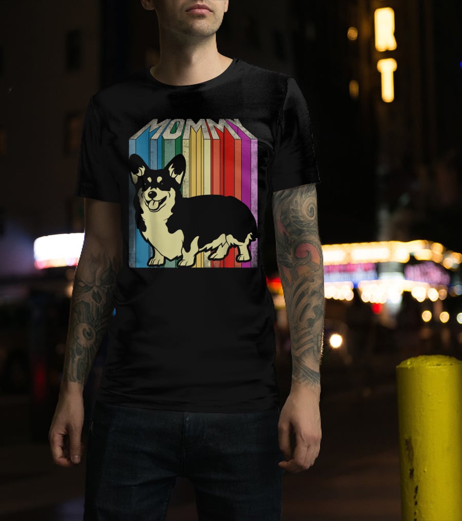MOMMY Corgi Dog Vintage Rainbow Stripes T-Shirt