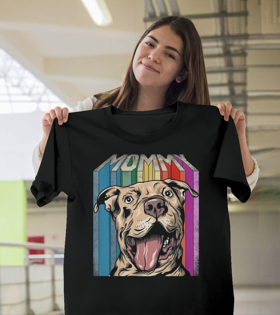 Mommy Pitbull Dog Retro Colorful Stripes T-Shirt