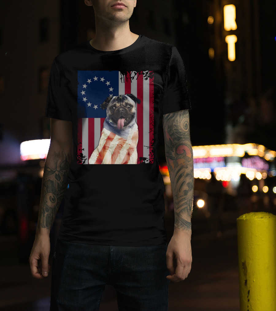 Pug Betsy Ross American Flag Costume Patriotic US Flag T-Shirt