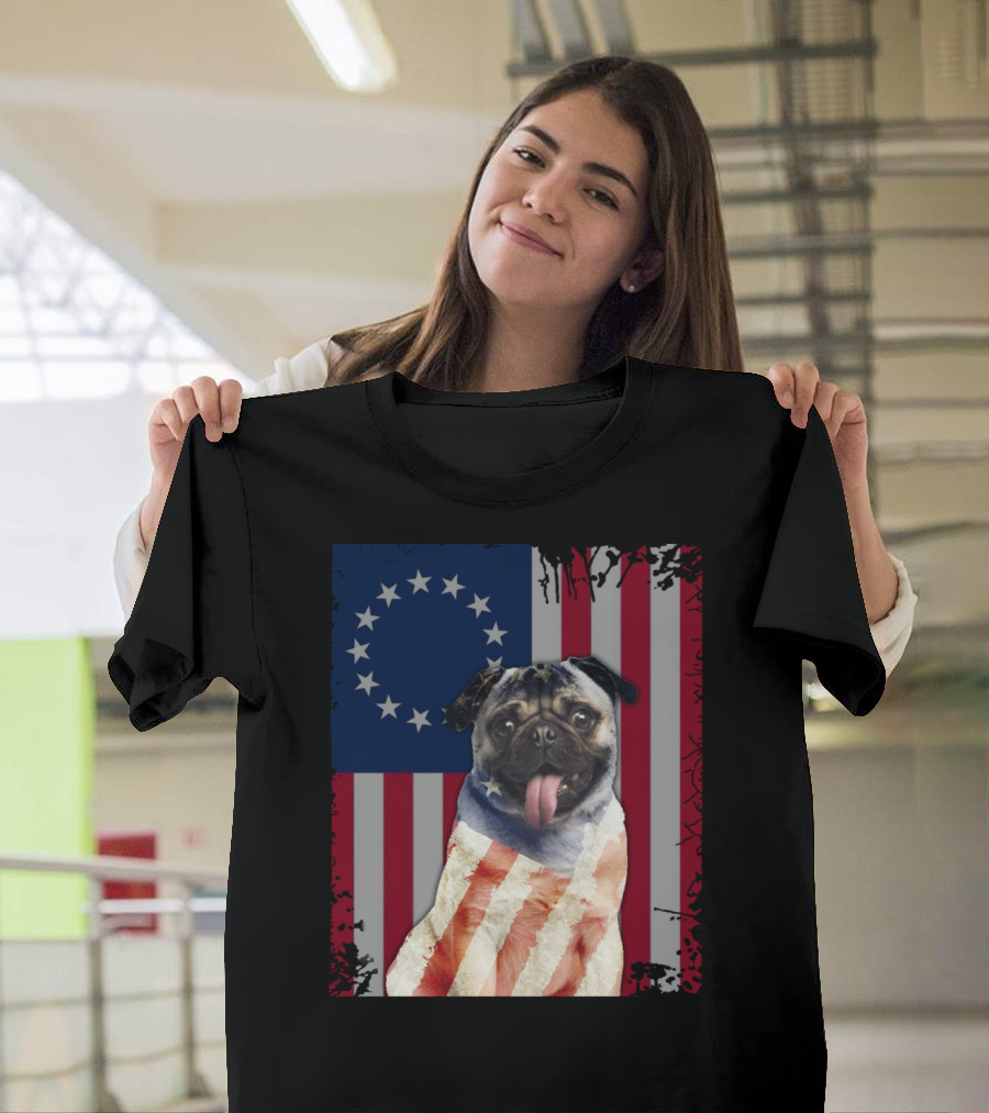Pug Betsy Ross American Flag Costume Patriotic US Flag T-Shirt