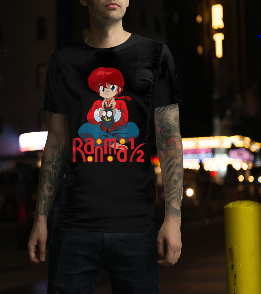 Ranma 1/2 Classic Anime Character Sitting With Black Cat T-Shirt