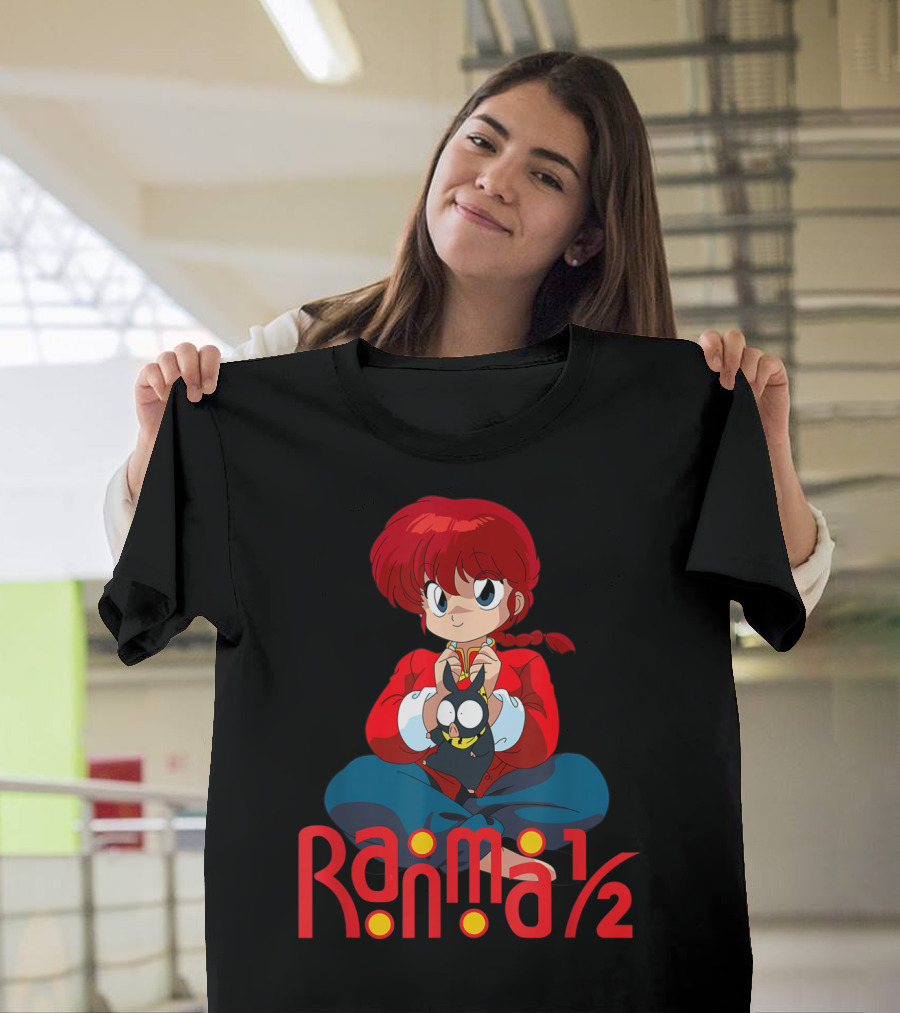 Ranma 1/2 Classic Anime Character Sitting With Black Cat T-Shirt