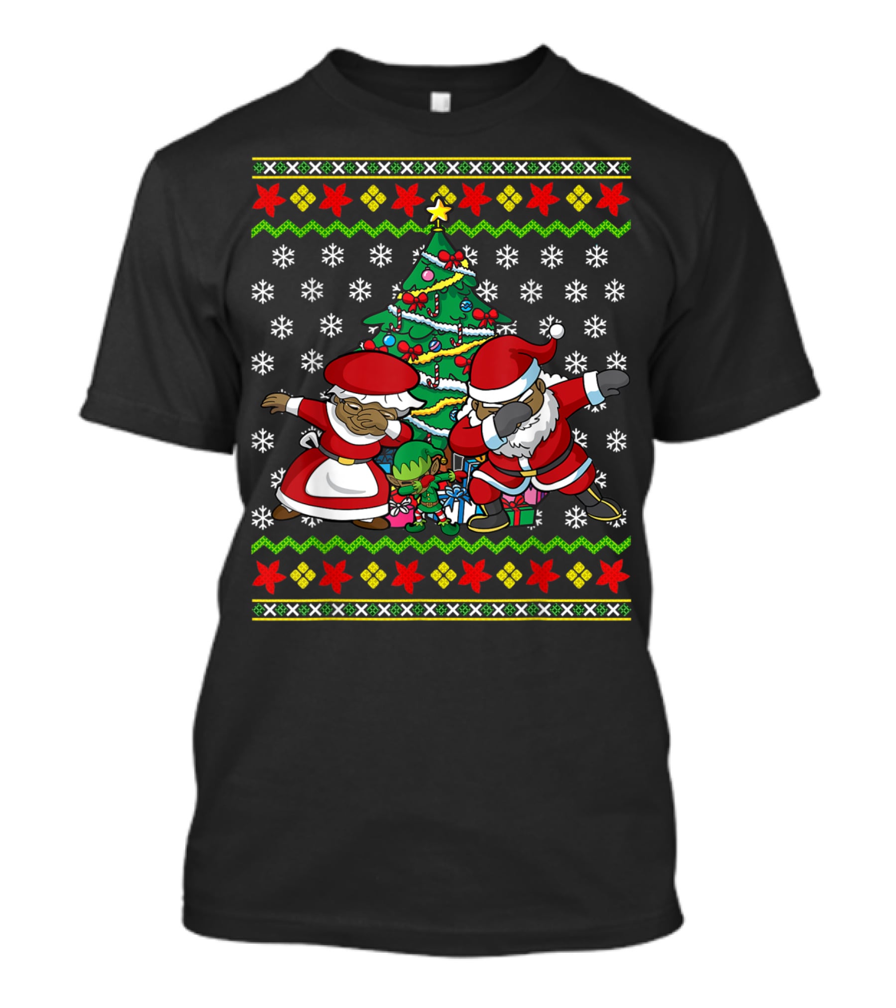 African American Dabbing Santa Mrs Claus Christmas Tree Snowflakes T-Shirt