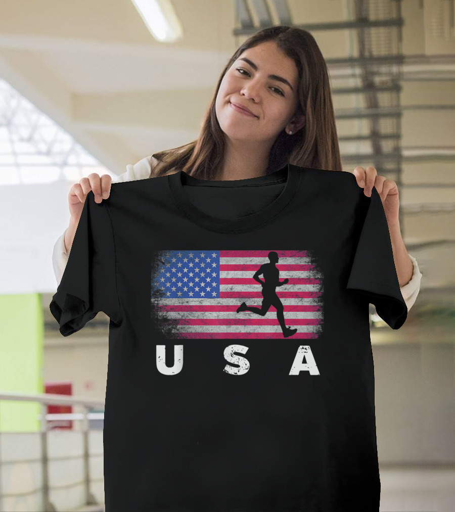 USA American Flag Track Field Running T-Shirt