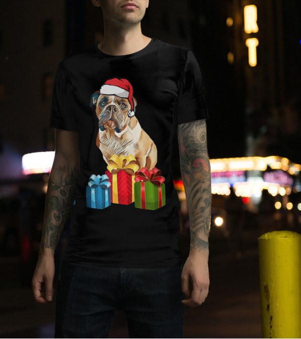 Bulldog With Santa Hat And Holiday Gifts T-Shirt