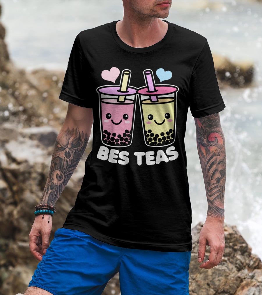 Bes Teas Cute Kawaii Boba Drinks Pink Yellow Hearts T-Shirt