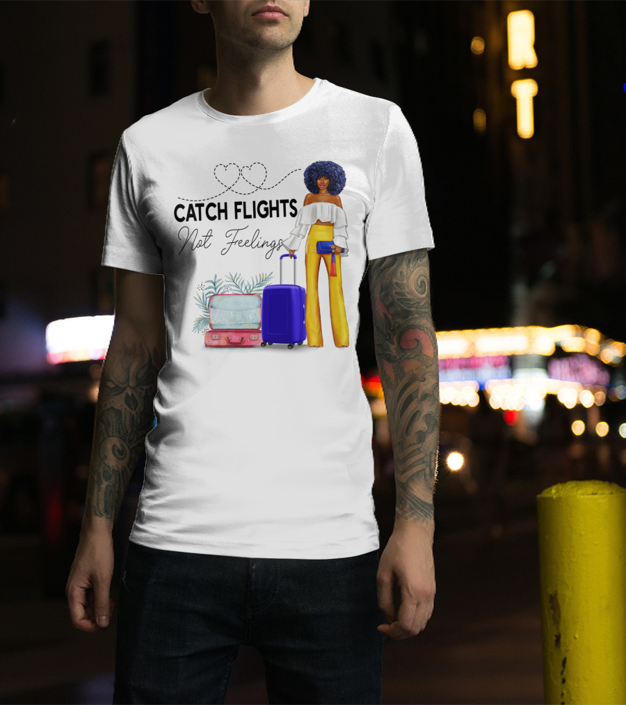 Black Woman Catch Flights Not Feelings Luggage Curls Yellow Pants Fashion T-Shirt