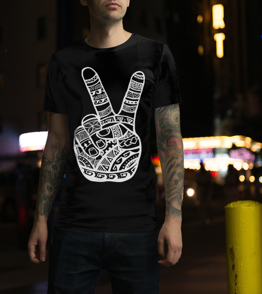 Boho Tiki Tattoo Polynesian Peace Sign Hand T-Shirt