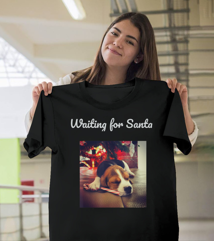Waiting for Santa Cute Dog Under Christmas Tree with Candy Cane T-Shirt