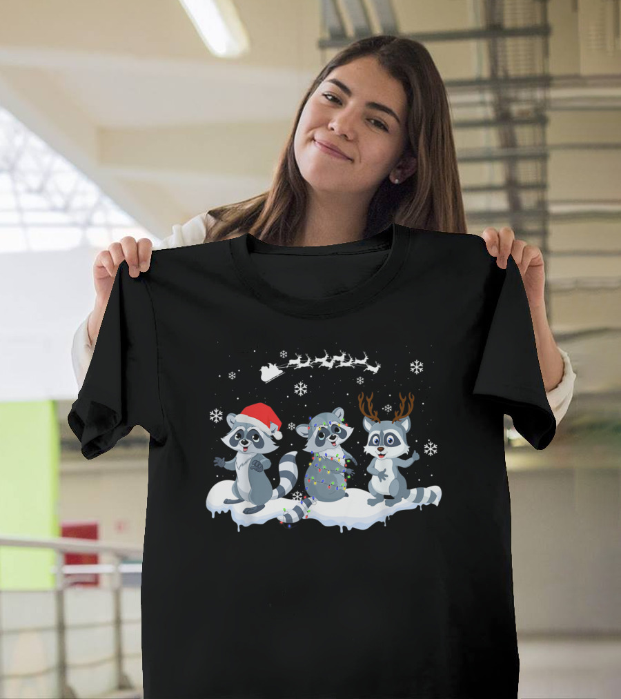 Christmas Cute Raccoon Santa Reindeer Snowflakes Sleigh T-Shirt
