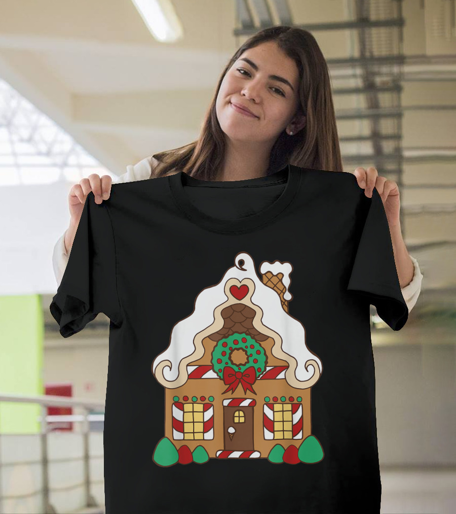 Christmas Gingerbread House with Candy Cane and Wreath T-Shirt
