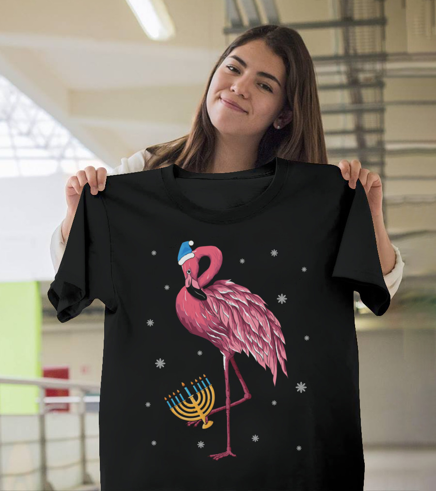 Cute Menorah Flamingo Hanukkah Chanukah with Snowflakes T-Shirt