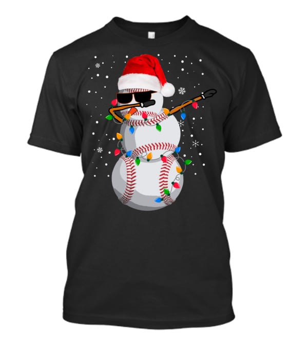Dabbing Snowman Baseball Christmas Lights Santa Hat Sunglasses T-Shirt