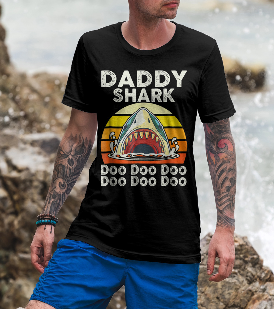 Daddy Shark Doo Doo Doo Doo Doo Doo Funny Sunset Shark Face T-Shirt