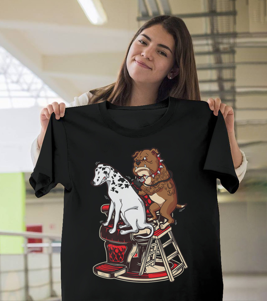 Dalmatian And Tattoo Artist Bulldog On Barber Chair T-Shirt