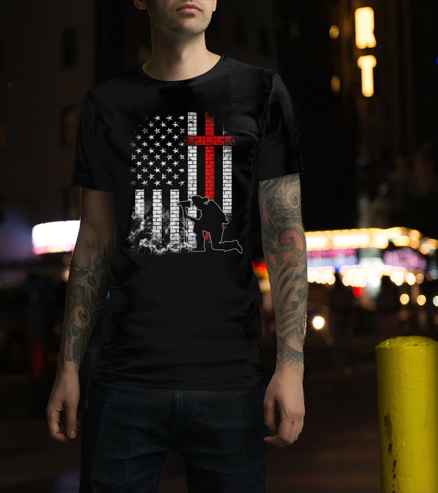 Fireman Kneeling With Axe Over American Flag And Thin Red Line Cross T-Shirt