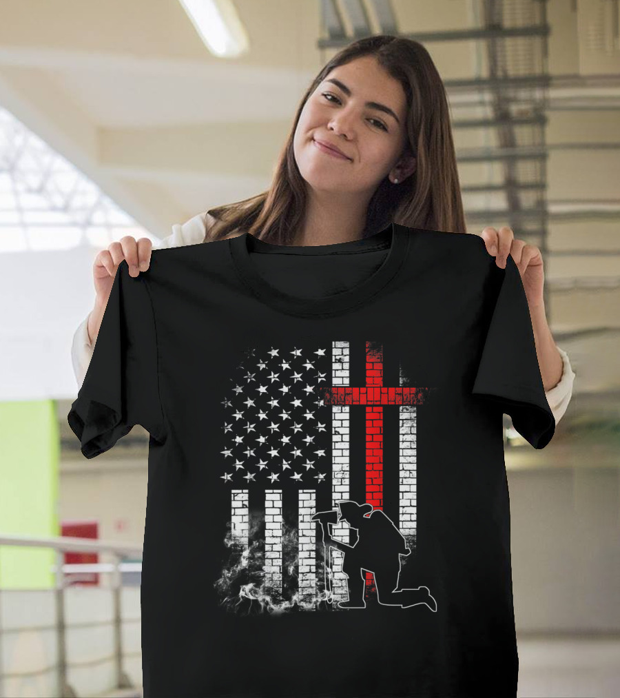 Fireman Kneeling With Axe Over American Flag And Thin Red Line Cross T-Shirt