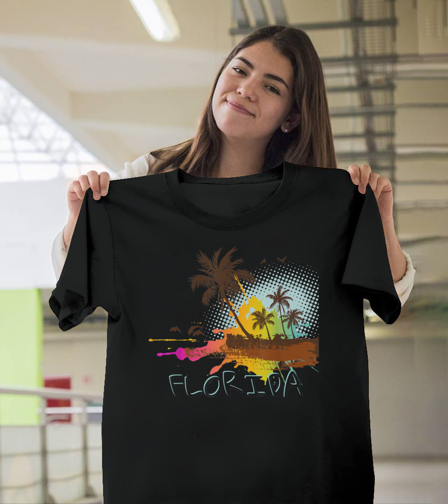 Florida Beach Vacation With Colorful Palm Tree Splash Art Ocean Lovers T-Shirt