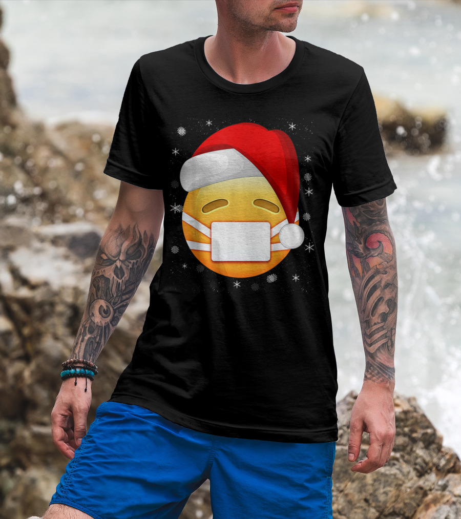 Funny Face With Medical Mask Emojis Santa Hat Snowflakes T-Shirt