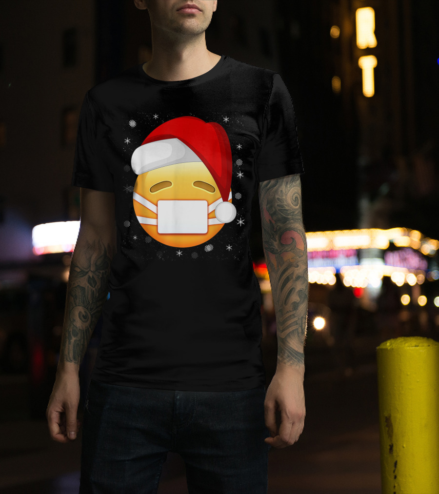 Funny Face With Medical Mask Emojis Santa Hat Snowflakes T-Shirt