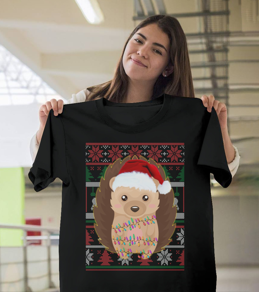 Funny Christmas Hedgehog Ugly Sweater Lights T-Shirt
