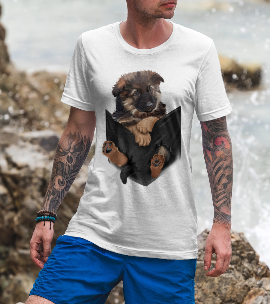 German Shepherd Puppy In Black Pocket T-Shirt