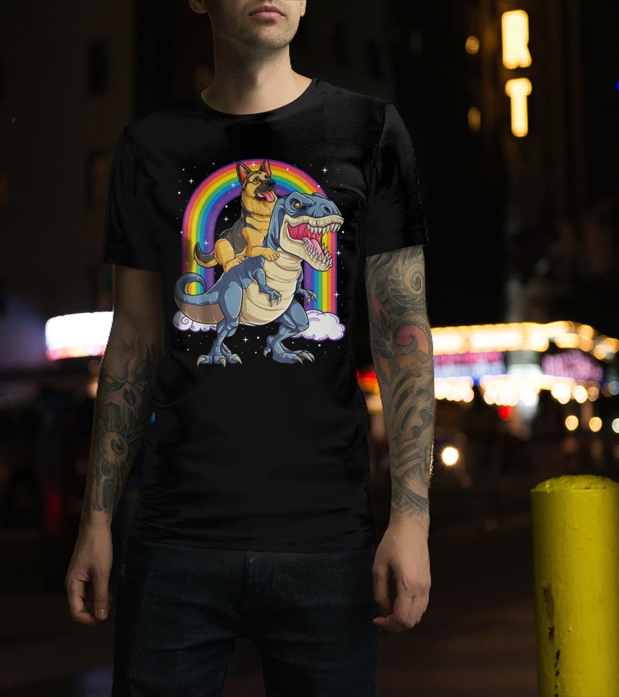 German Shepherd Riding Dinosaur Rex With Rainbow And Stars T-Shirt