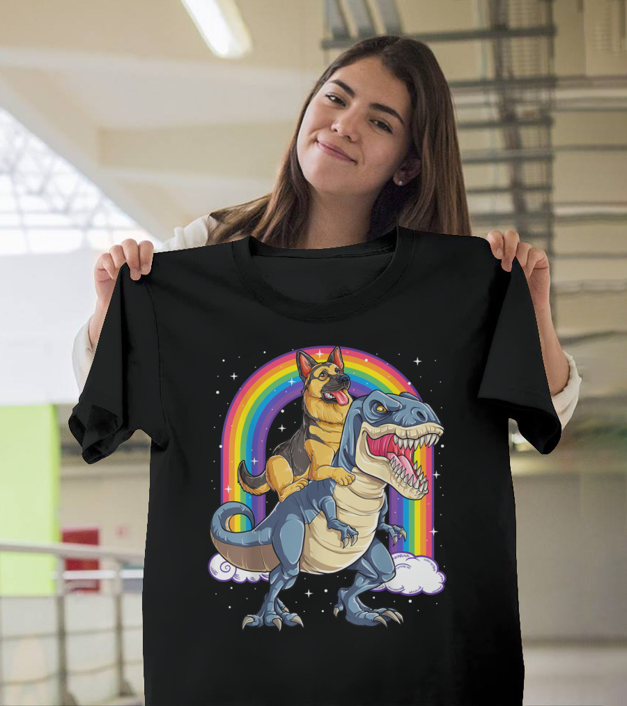 German Shepherd Riding Dinosaur Rex With Rainbow And Stars T-Shirt