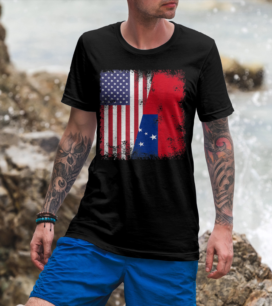 Half Samoan Flag Vintage Samoa USA Distressed American And Samoan Flags T-Shirt