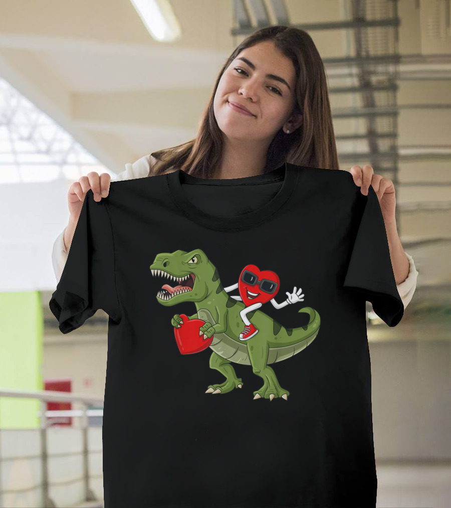 Heart Riding T-Rex Holding Valentines Day Hearts T-Shirt