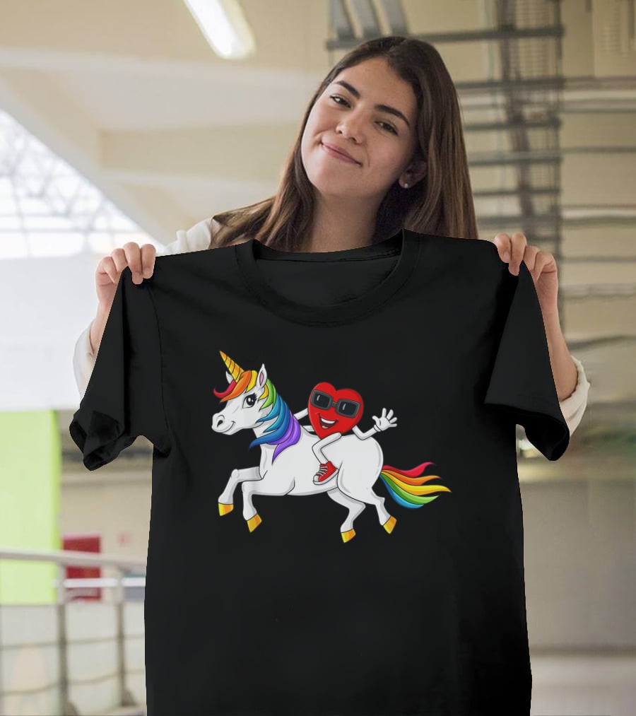 Heart Riding Rainbow Unicorn With Sunglasses And Sneakers T-Shirt