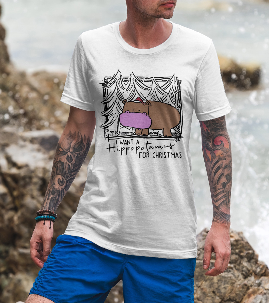 I Want A Hippopotamus For Christmas Hippo Santa Hat Festive T-Shirt