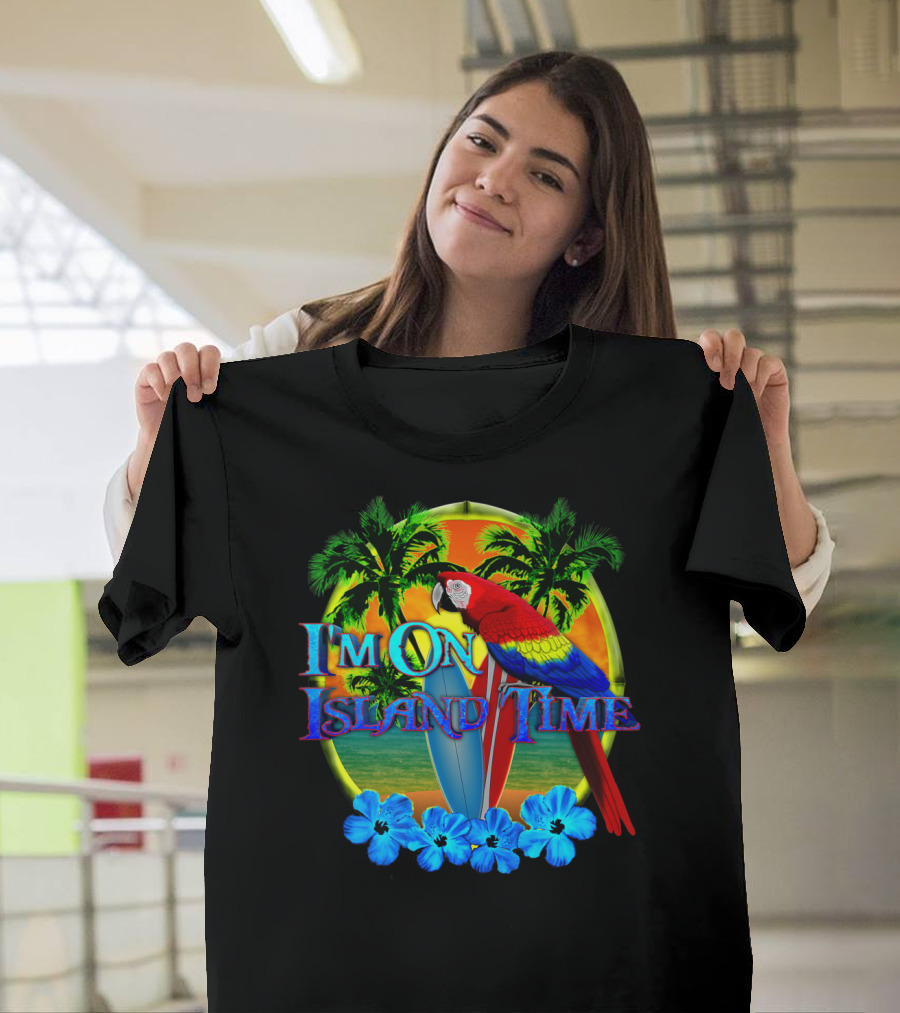 I'm On Island Time Parrot with Surfboards and Palm Trees Tropical Beach T-Shirt