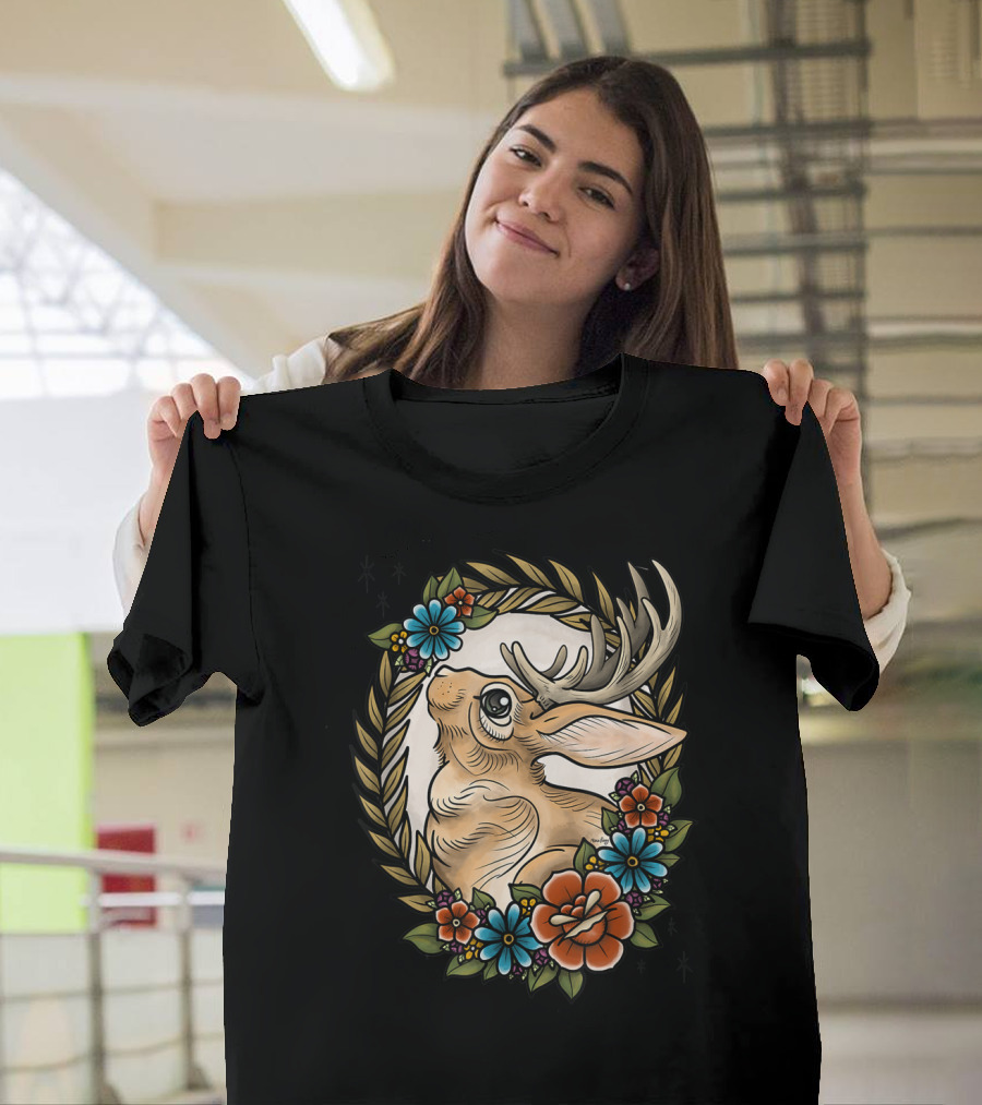 Jackalope Surrounded By Colorful Flowers And Leaves T-Shirt