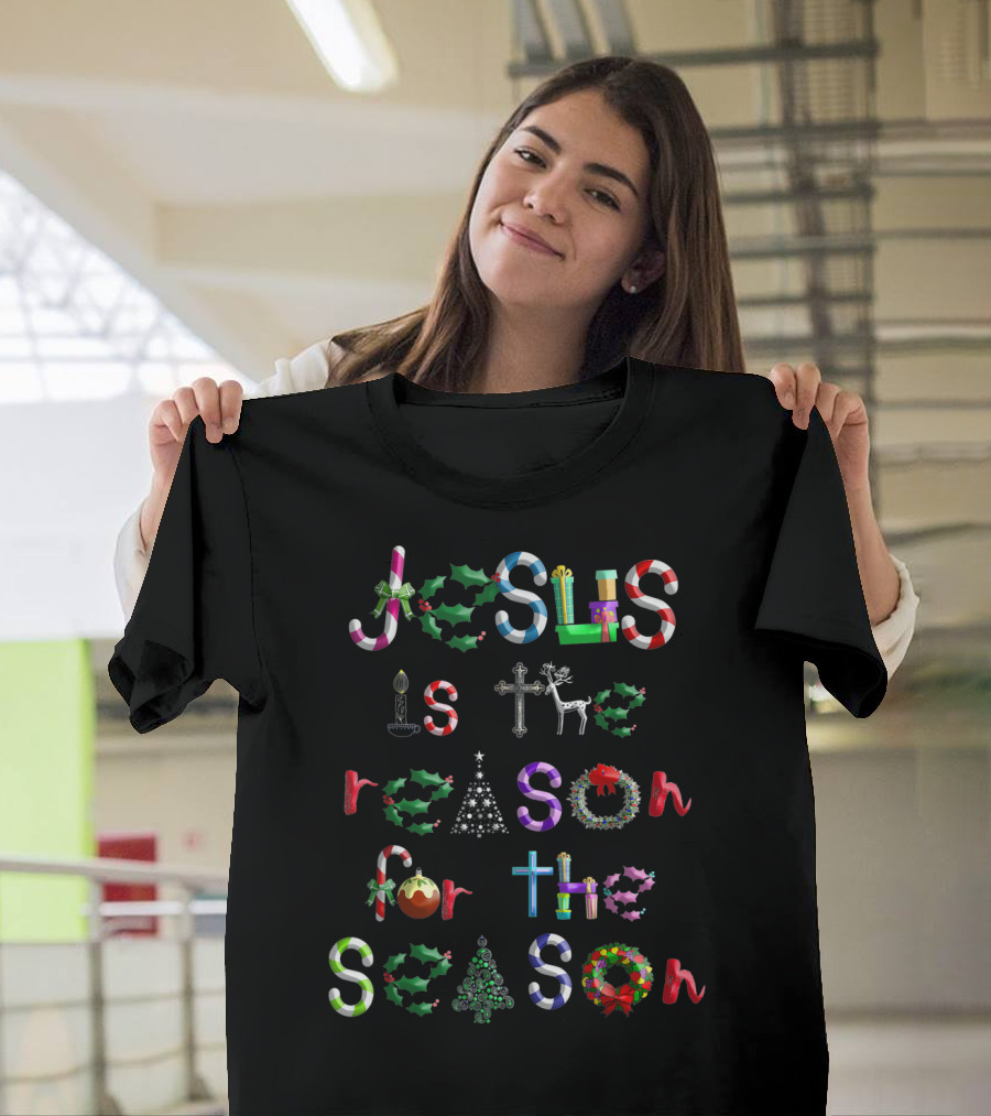 Jesus Is The Reason For The Season Christmas Symbols Candy Canes Holly Cross Reindeer Tree Bow T-Shirt