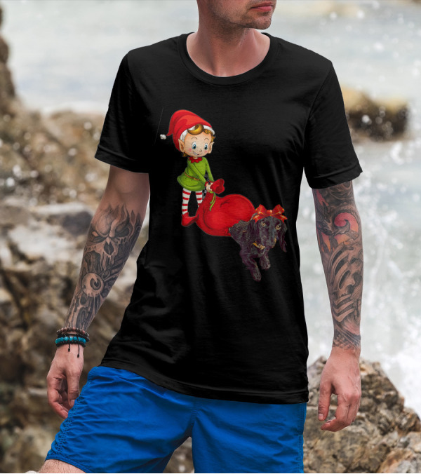 Kids Elf With Red Gift Sack And Black Dog In Santa Hat T-Shirt